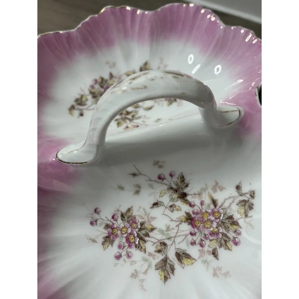 Antique KPM Germany Porcelain Pink Floral Divided Serving Dish Center Handle